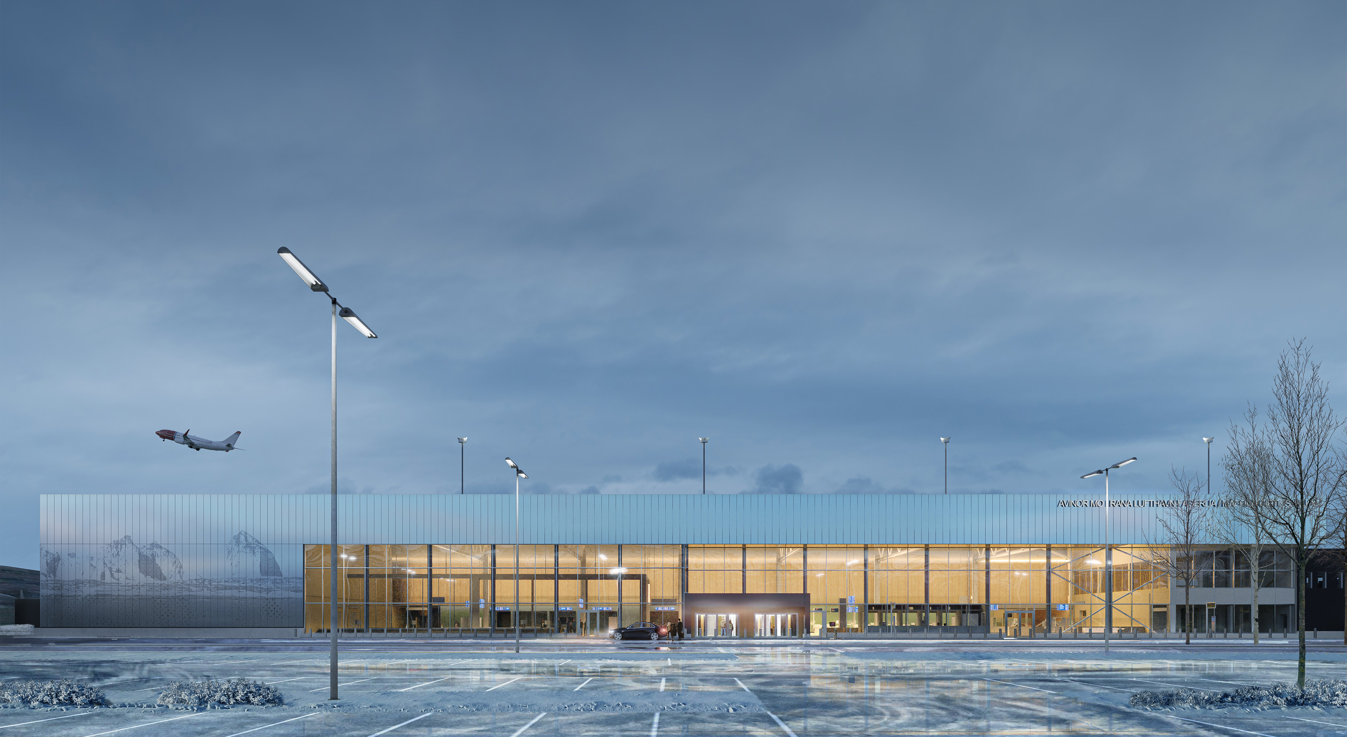 Moderne flyplassbygning med store glassvinduer, omgitt av snødekt parkeringsplass. Et fly svever lavt på himmelen