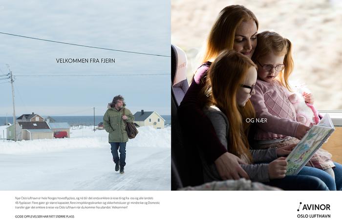 Reklame for Avinor Oslo Lufthavn med to bilder: til venstre en person som går i et snødekt landskap ved kysten med teksten "Velkommen fra Fjern", og til høyre en kvinne med to barn som ser på et kart med teksten "Og Nær". Logo for Avinor Oslo Lufthavn vises nederst.