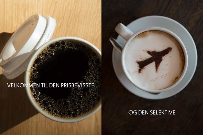 Two cups of coffee on a table: one with black coffee and the text "Welcome to the cost-conscious," and one with milk foam shaped like a plane and the text "and the selective."