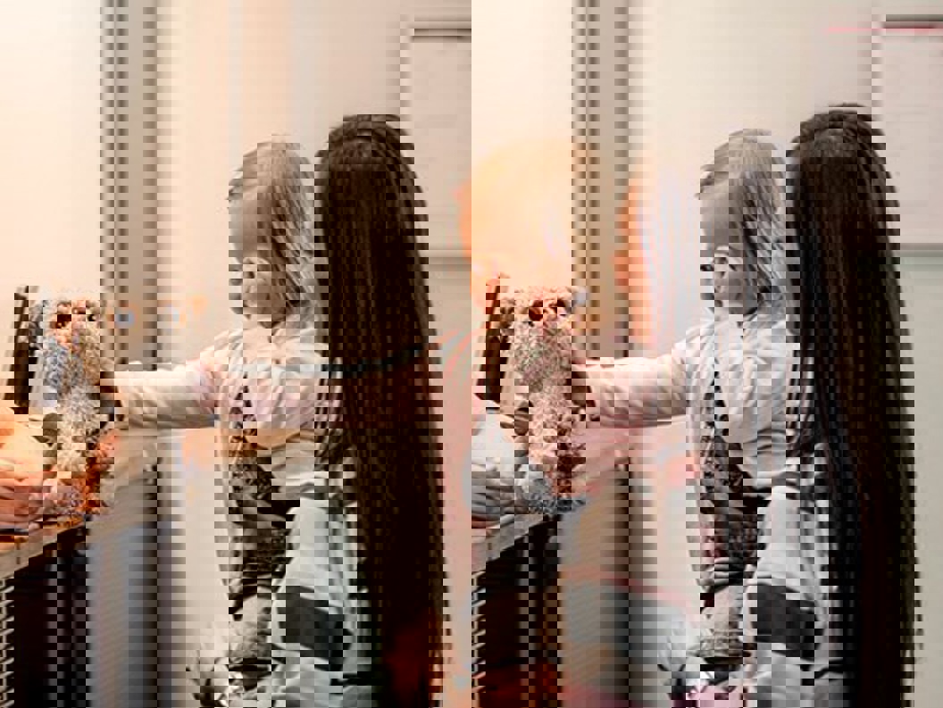 Småbarn og kvinne ved resepsjon, barnet holder en kosedyr