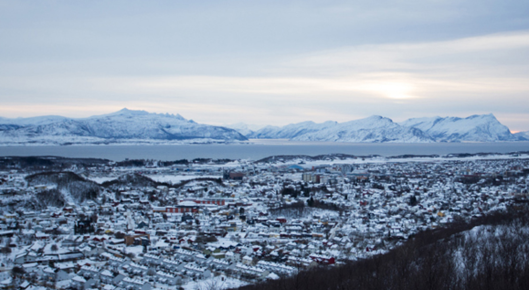 Winter landscape in Norway with snow-covered mountains, houses, and a fjord in the background under an overcast sky.