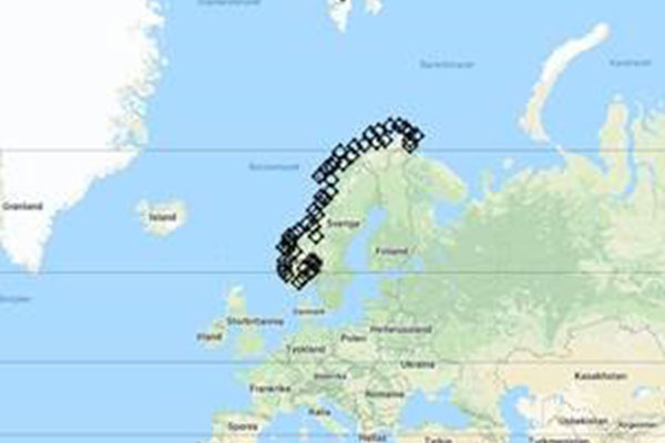 Map showing Norway in Europe, with the country marked in black dots.