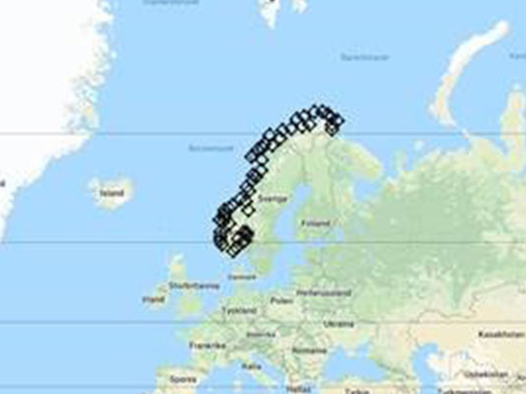 Kart som viser Noreg i Europa, med landet markert i svarte prikkar.