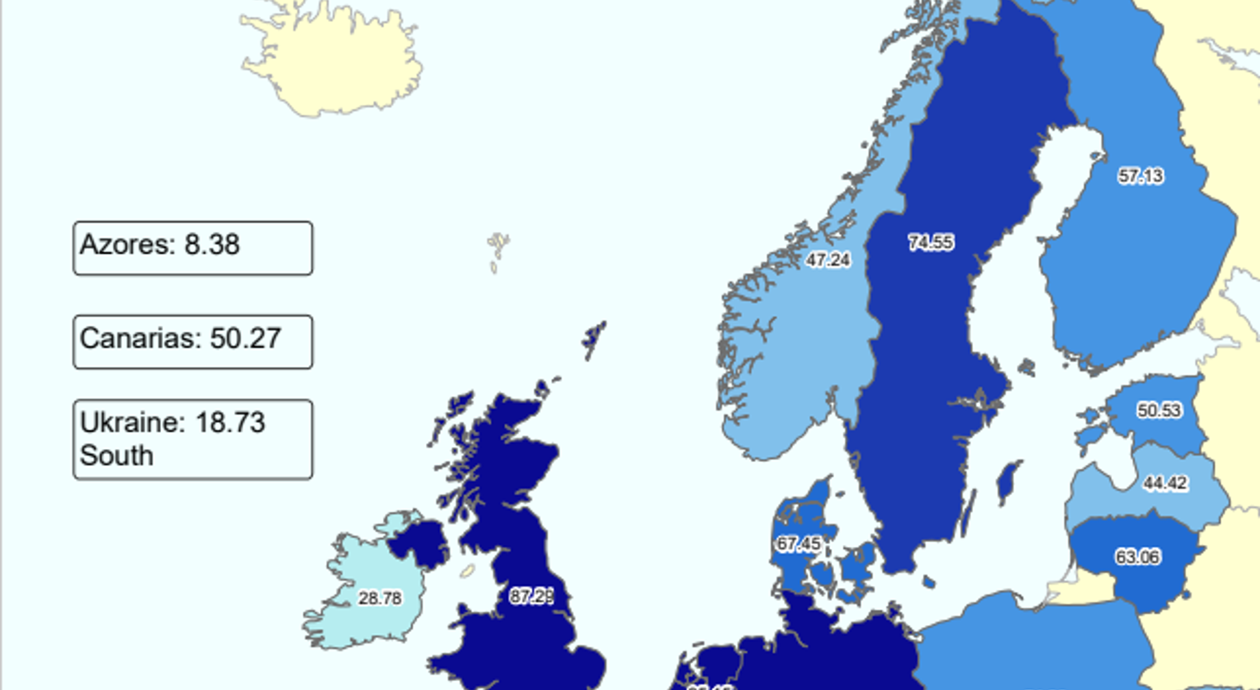 Kart over Nord- og Sentral-Europa som viser ulike regioner med numeriske data, som Azorene (8,38), Kanariøyene (50,27) og Sør-Ukraina (18,73), representert med varierende blåtoner