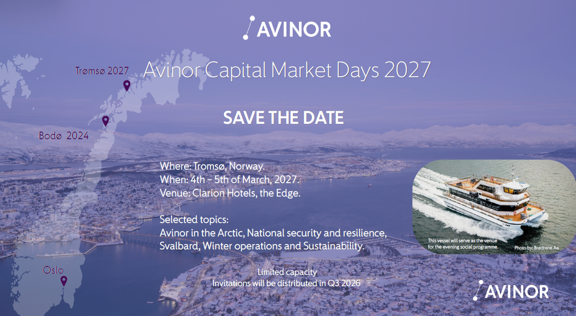 Avinor-plakat for Capital Market Days 2027 i Tromsø med datoer, sted og bilde av en båt i sjøen