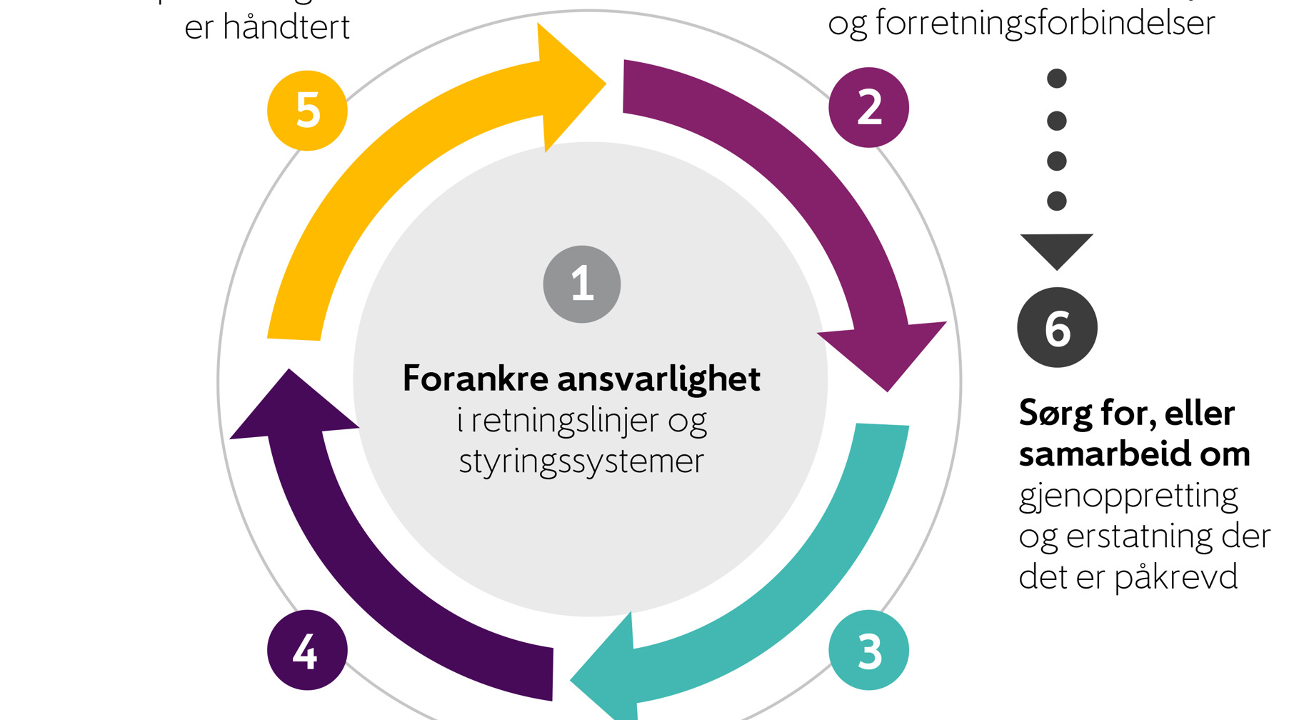 Sirkulær flytdiagram som viser en seks-trinns prosess for å håndtere påvirkning og skade, inkludert trinn for å forankre ansvar, vurdere negative påvirkninger, redusere skade, overvåke resultater, og sikre korrigerende tiltak. Tekst er på norsk