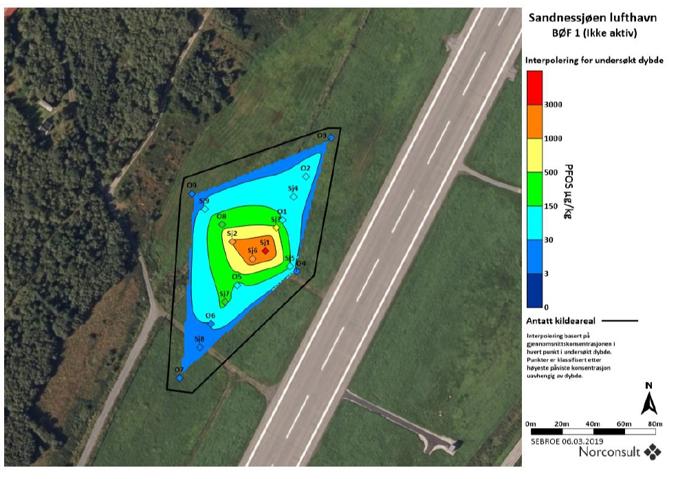 Aerial view of Sandnessjøen airport with a color-coded GIS map overlay showing pollution levels, ranging from low (blue) to high (red), on the left side near the runway