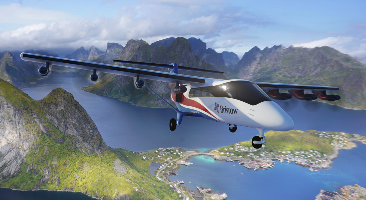 Bristow-fly i luften over dramatiske norske fjorder og fjellandskap, med en liten kystby nedenfor